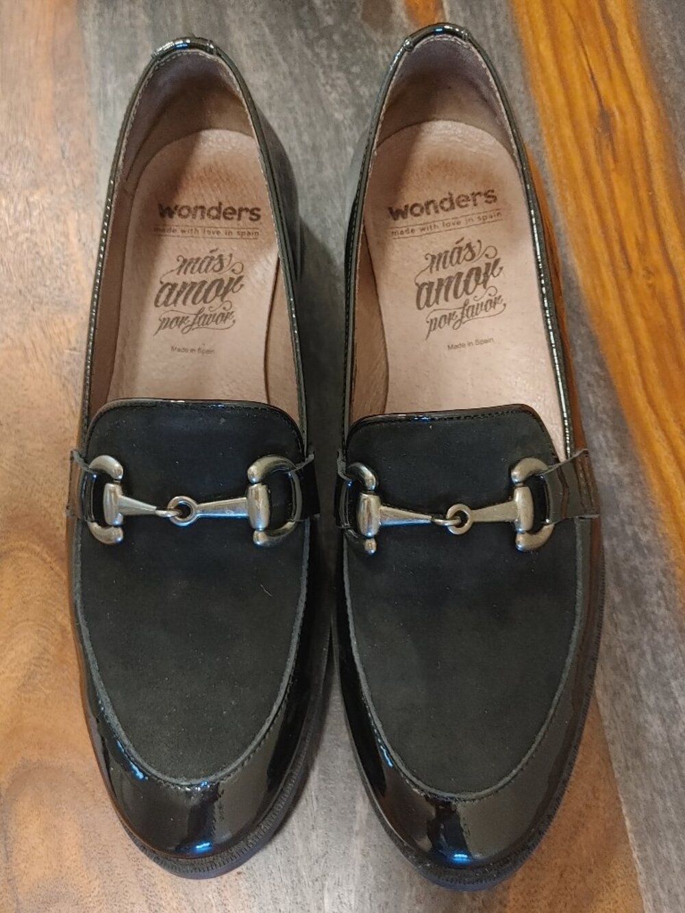 Wonders Handcrafted Spain Black Patent & Suede Horsebit Loafers Sz 37